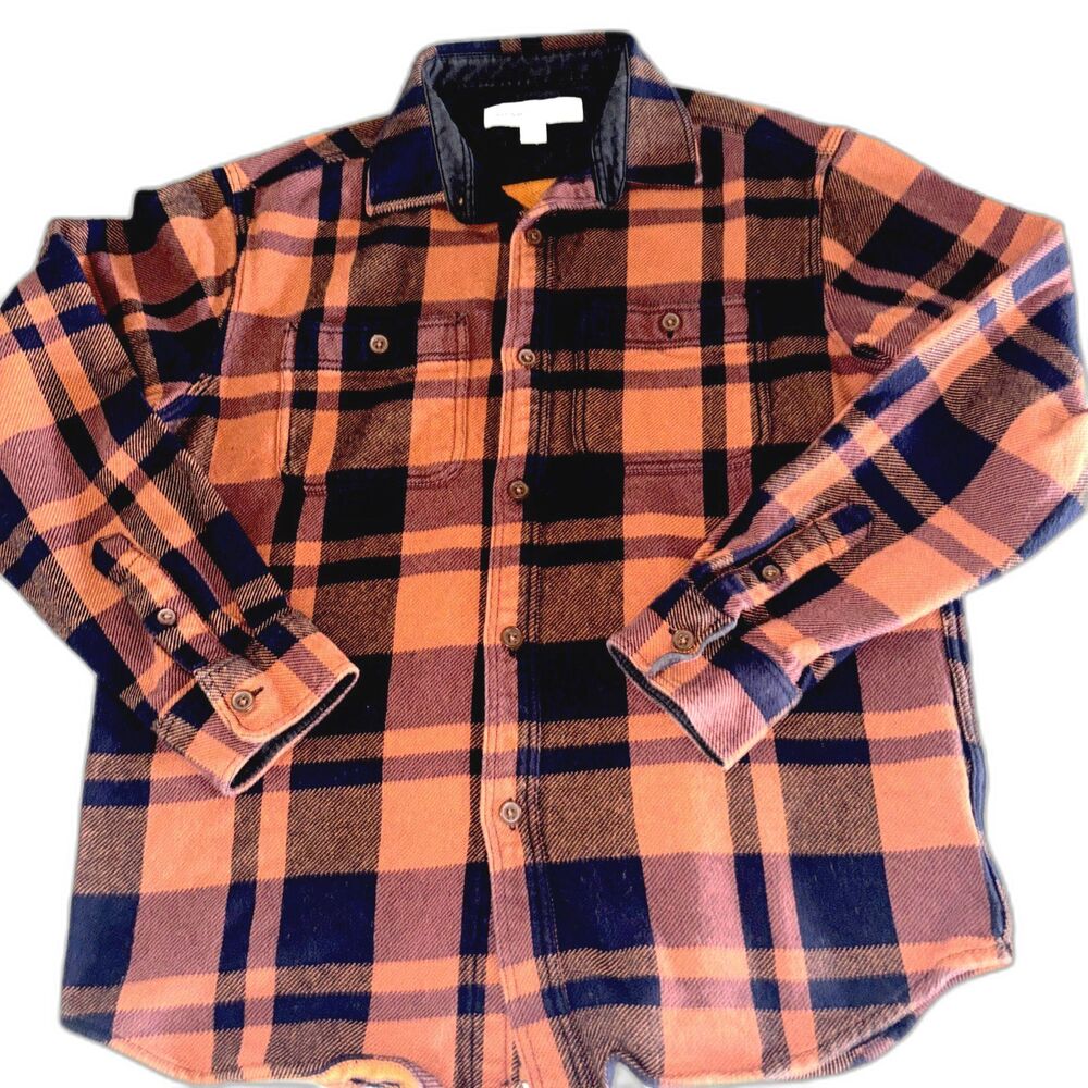 Old Navy Orange Navy Heavy Plaid Flannel Button Up Shirt Men’s Large Long Sleeve